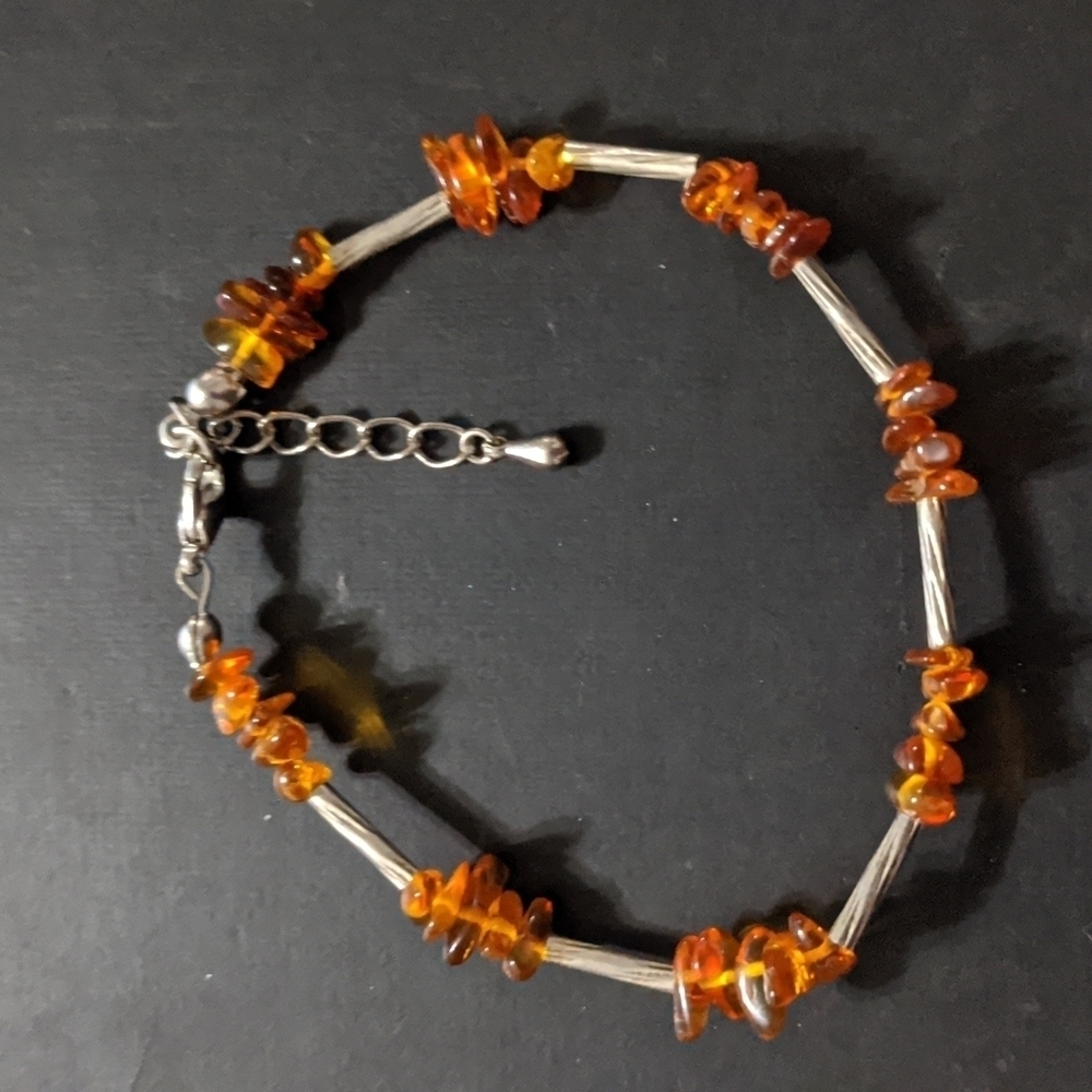 Genuine Amber Chip and Silver Tone Tube Statement Bracelet